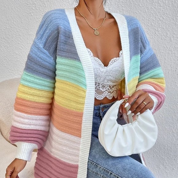 . Sweaters - Multicolor Boho Womens Colorblock Drop Shoulder Duster Cardigan